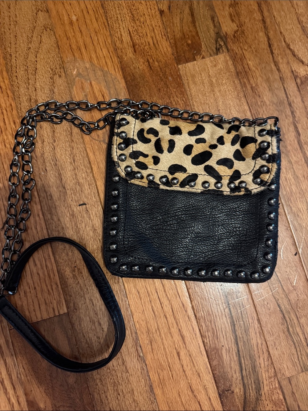 Expressions Black Leather Crossbody with Leopard-Print Flap